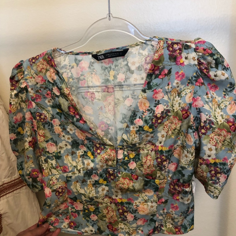 Zara Pink and Blue Puff Sleeve Crop Blouse